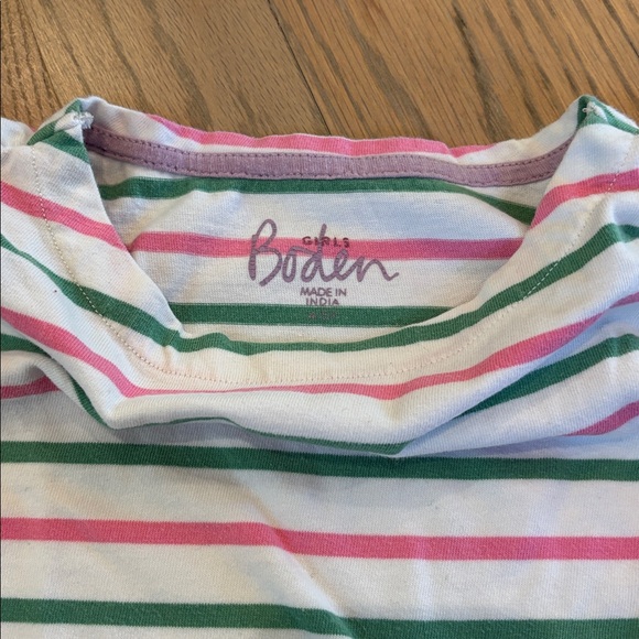 Boden Girls' White Long Sleeve Striped Tee with Pink & Green - Picture 2 of 2